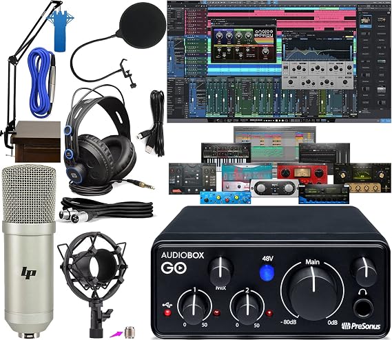 Presonus AudioBox GO Mobile 2x2 USB Audio Recording Interface for USB with Studio One Prime Software Pack and LyxPro Condenser Microphone and Adjustable Suspension Boom Arm + HD7 Headphones