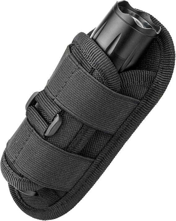 Tactical Flashlight Holster, Rotatable Duty Belt Flashlight Holder, 1000D Nylon Flash Light Pouch Carrying Case with 360 Degree Carabiner Reel Clip