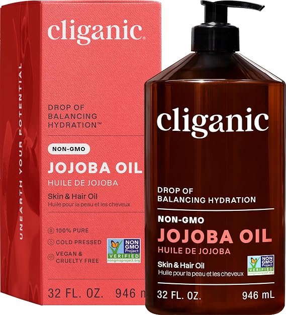Cliganic Jojoba Oil Non-GMO | 100% Pure, Natural Cold Pressed Unrefined Hexane Free Oil for Hair & Face Bulk 32oz