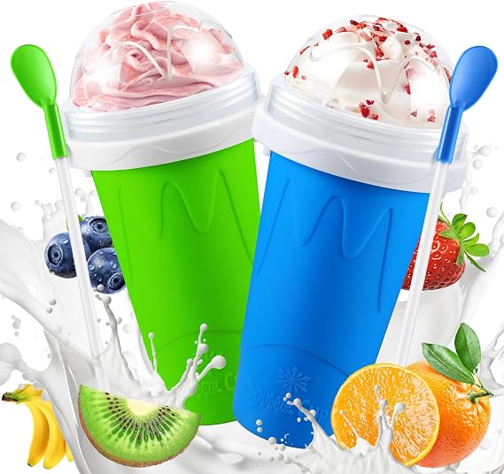 Slushie Maker Cup, 2 Pack DIY Magic Squeeze Slushy Cups, Portable Frozen Smoothies Cups for Juice Milkshake Yogurt Ice Cream Make, Reusable Cooling Cup for Family Friends(Blue+Green)