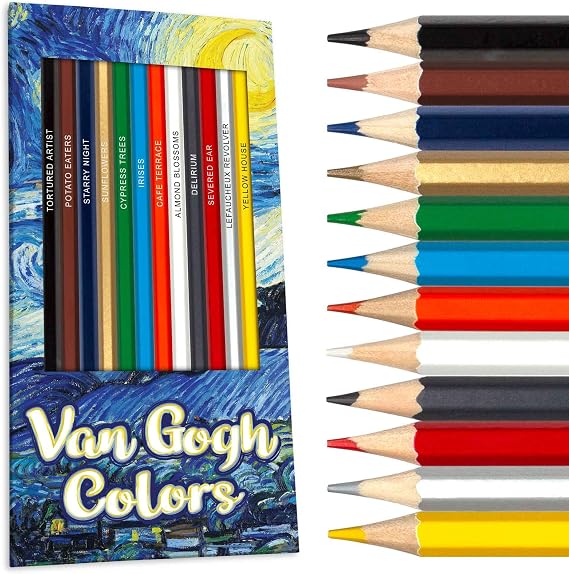 Van Gogh-Themed Colored Pencil Set - 12 Soft Core Colored Pencils for Art Lovers - Post-Impressionism Artist-Inspired Colors with Foil-Stamped Painting Names - Ideal Gift for Kids & Adults