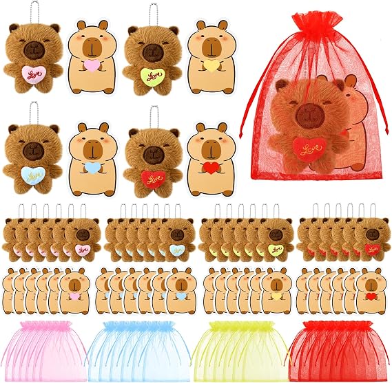 Jenaai 24 Set Capybara Valentine Mini Plush Heart Keychains, Cards, Bags