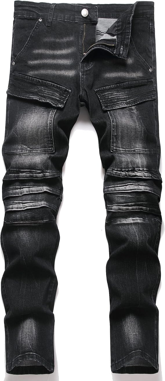 XIMXIMMTIAN Men's Biker Moto Washed Distressed Slim Fit Straight Jeans Denim