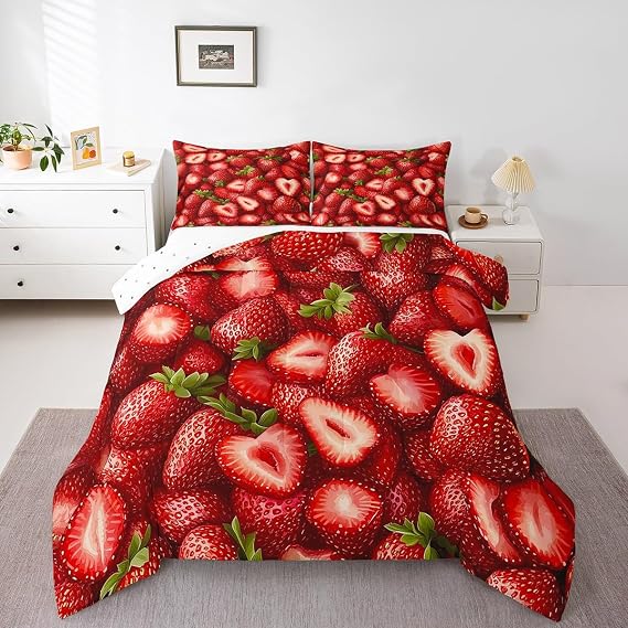 Manfei Cute Strawberry Comforter Set King Size, Kawaii Fruits Bedding Set 3pcs, Red Strawberries Print Down Comforter All Season, Kids Girls Teens Room Decor, Soft and Breathbale, 2 Pillowcases