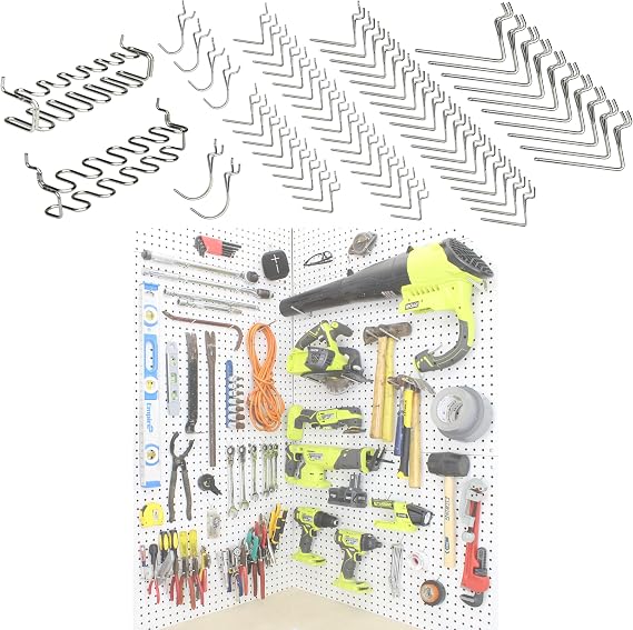 Peg Board Hooks for Hanging Tools Assortment Tool Organization Accessories Kit Organizer Set of 1 inch, 2 inch, 4 inch L Hooks, J Hook, Pegboard Pliers Rack and Screwdriver Holder