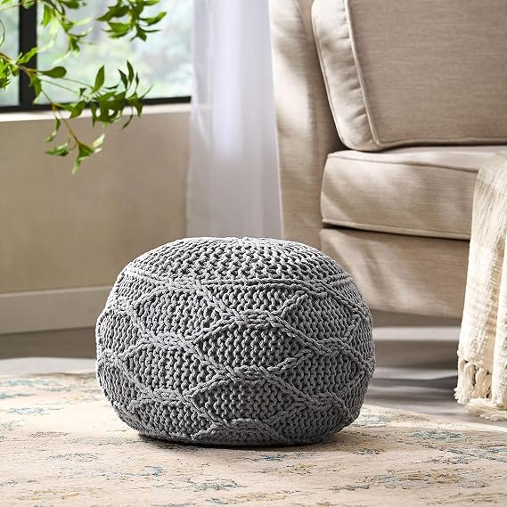 Knitted Cotton Round Pouf - 20x20, Modern Design, Soft Cotton, No Assembly, Porch Ottoman for Living Room, Gray, Ivory (Pouf - Gray)