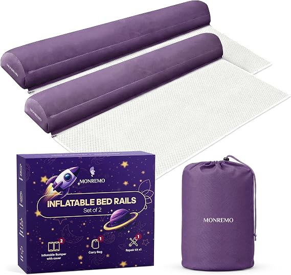 Inflatable Bed Bumpers for Toddlers, Travel Bed Rails, 2 Pack | Inflatable bed rails for toddlers with no-pump valves, anchor flaps and washable covers. Fits Twin, Full, Queen and King.