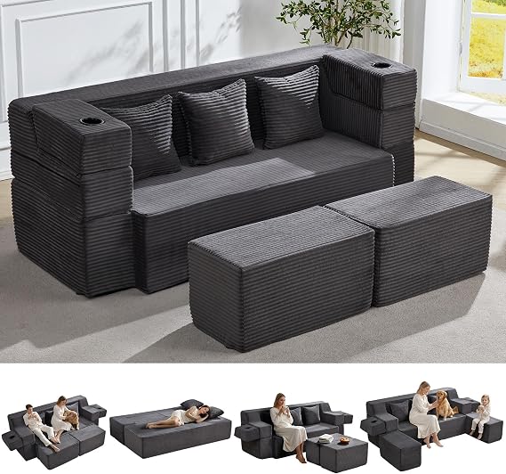 HOMREST 78.7" Sleeper Ottoman Sofa Bed for Small Space, Full-Length Folding Memory Foam Couch in a Box with 2 Ottomans & Flip-Up Armrest, 3-in-1 Convertible Futon, No Assembly, Dark Grey