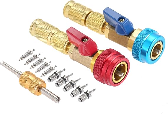 R134A Valve Core Quick Remover Installer High Low Pressure Core Remover Kit | Adjustable High Pressure (Red) & Low Pressure (Blue) Valve Core Remover Tool Kit for R134A Refrigerant Air Conditioner System