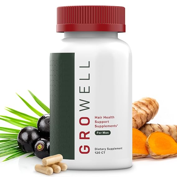 GroWell Hair Growth Supplements for Men Clinically tested for visibly thicker hair and scalp coverage All natural ingredients, saw palmetto to block DHT Drug-free, Safe Doctor recommended