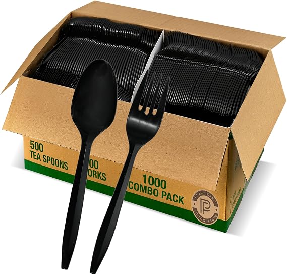 Plasticpro Silverware Cutlery Combo Set 500 Plastic Teaspoons & 500 Plastic Forks Medium Weight Disposable Silverware Black (1000 Count Total)