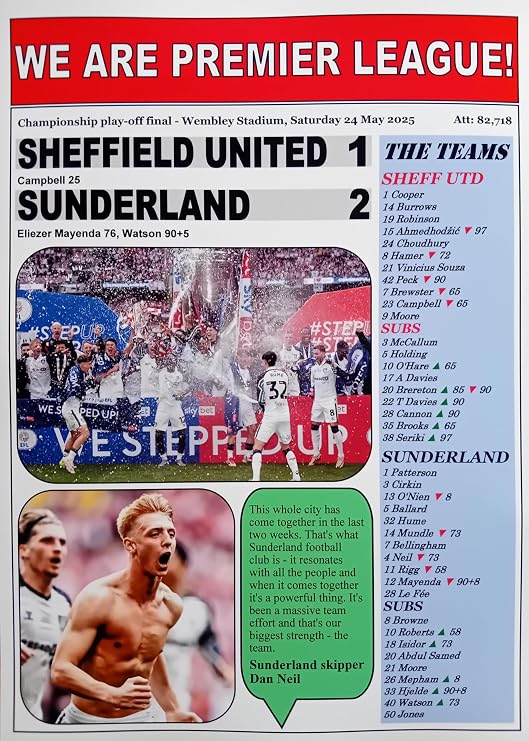 Assorted Sheff Utd 1 Sunderland 2-2025 Championship play-off final - Sunderland promoted - souvenir print