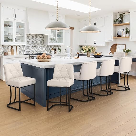 LUE BONA Bar Stools Set of 6, 24" Modern Counter Height Stools with 5.5" Thick Cushion and Nailhead, Upholstered Linen Fabric Barstools for Kitchen Island, Beige