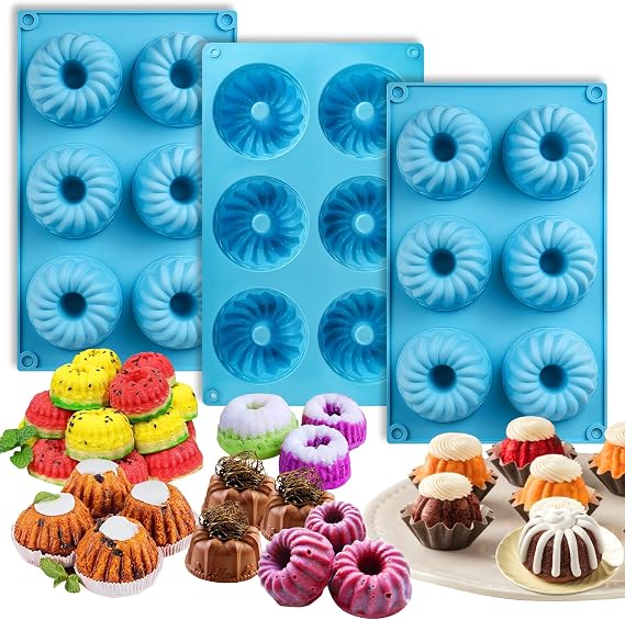 Palksky 3PCS 6-Cavity Mini Fluted Tube Pan Silicone Non-Stick Multi-Cavity small Cake Baking Pan, mini moldes para chocoflan