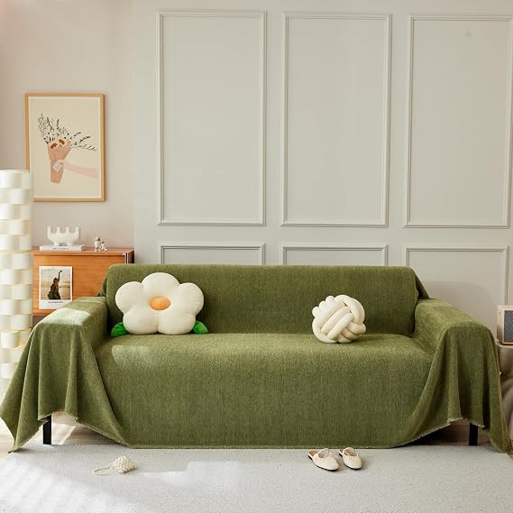 Chenille Sofa Cover for 1-4 Seater, Washable Green 180x300cm | Soft chenille fabric, fits 2-3 seater sofas including L-shape and corner sofas. Machine washable, durable, pet-friendly