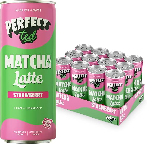 PerfectTed Strawberry Matcha Latte RTD, Ceremonial Grade Matcha, 12 x 250ml Cans, Ready-to-Drink with Gluten-Free Oats | Smooth & Creamy | Dairy-Free | Vegan (12 Pack, Strawberry)