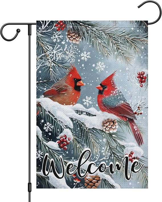 Heyfibro Welcome Winter Garden Flag Cardinal Red Bird Christmas Garden Flag 12x18 Inch Double Sided Burlap Snowflake Holly Red Berry Rustic Yard Flag for Seasonal Christmas Winter Farmhouse Decoration