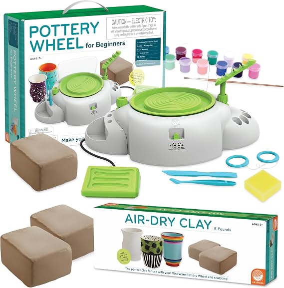 MindWare Pottery Wheel & 7.5 Pounds Air-Dry Clay Pottery Kit Pottery Wheel for Kids and Beginners Includes Pottery Wheel & Accessories Ages 7 and Up
