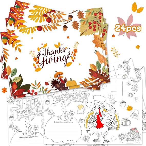 24pcs Thanksgiving Disposable Paper Placemats Fall Turkey Pumpkin for Thanksgiving Day Kids Painting Coloring Placemats Table Decorations Fall Themed Party Supplies
