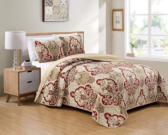 Kids Zone Home Linen Bedspread Set Damask Pattern Taupe Burgundy Brown New (Twin/Twin Extra Long)