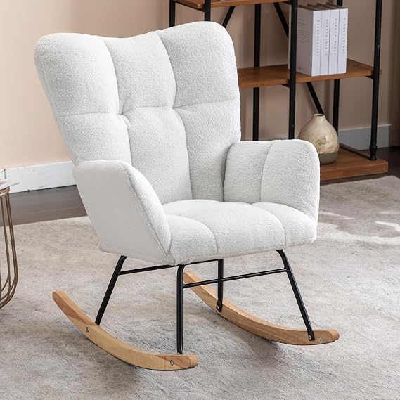 Light Blue Upholstered Nursery Rocking Chair, Teddy Fabric Glider Rocking Chair with Padded Seat, Accent Chair with High Backrest Armchair Comfy Side Chair for Living Room (Beige)