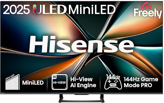 Hisense 55" 55U7QTUK MiniLED QLED 144Hz Smart AI TV - Hi-View AI Engine, 144Hz Game Mode PRO, 21 Channel, Dolby Atmos, Quantum Dot Colour, Anti-Reflection with Freely, Disney +, YouTube, Netflix