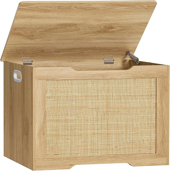 usikey 29.5 Storage Chest, Storage Bench with Storage, Toy Box with 2 Safety Hinges, Toy Chest for Bedroom, Shoe Bench, Supports 220 lb, for Living Room, Entryway, Natural