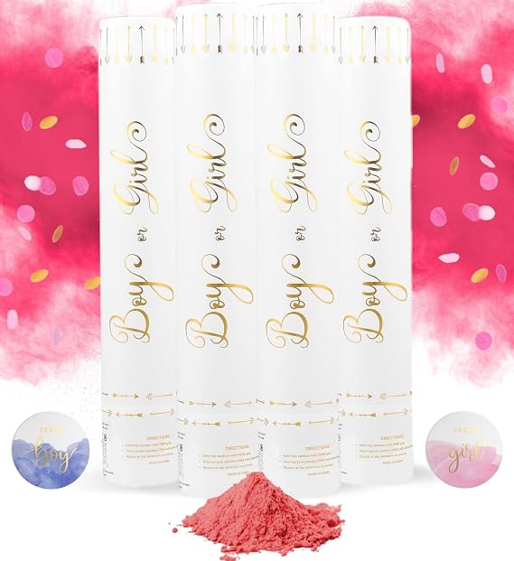 Gender Reveal Confetti Powder Cannon - 4 Pink/Gold Poppers - Gender Reveal Party Supplies - Smoke Powder & Confetti Sticks -Stickers 40 pcs (20 Girl 20 Boy)