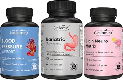 Bariatric Multivitamin with Iron  Vitamin Brain Matrix with Ginkgo Biloba  Blood Pressure Support Supplement with Garlic, Hibiscus, and Hawthorn