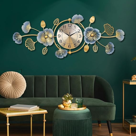Lafocuse 37x14 Inch Large Metal Ginkgo Leaf Wall Clock Gold and Blue