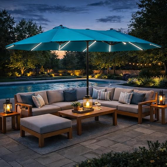 Kozyard 15ft Double-Sided Rectangular Patio Umbrella, Base Included, Crank Lift Outdoor Market Umbrella with UV Protection for Backyard, Pool & Garden (Blue, With Solar Lights)