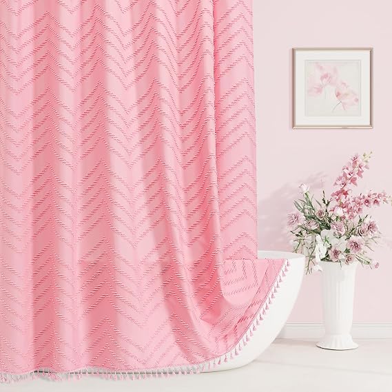 Boho Farmhouse Woven Fabric Shower Curtain, Pink Tufted Chevron Stripes Textured Minimalist Design with Tassels Bathroom Decor Curtain for Home or Hotel, 72 x 72