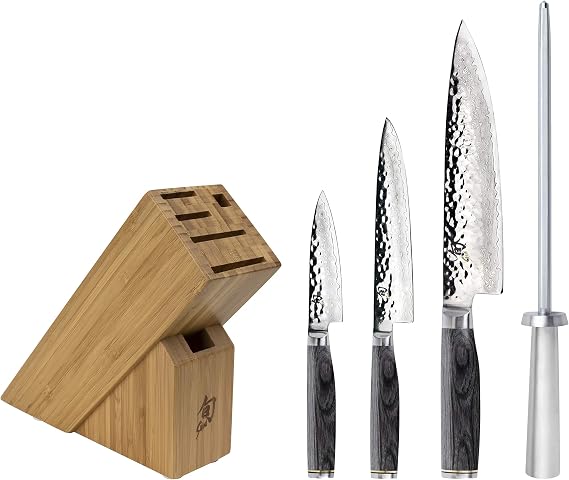 Shun Premier Grey 5 Piece Starter Block Set | Includes 8" Chef's, 4" Paring, 6.5" Utility Knife & Honing Steel, Damascus Stainless Steel Cladding, Pakkawood Handle