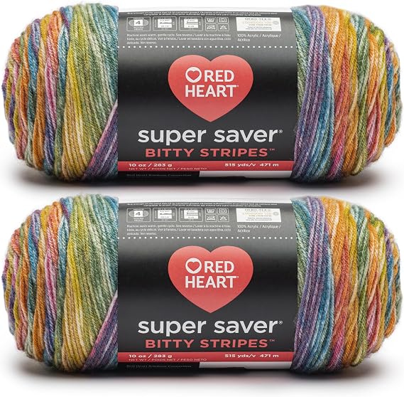 Red Heart Super Saver Bitty Stripes Crochet Yarn, Rainbow, 2-Pack