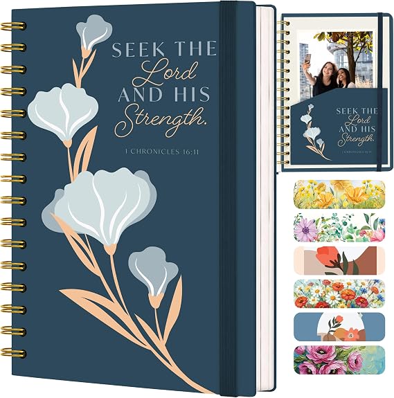 Hardcover Blank Christian Notebook – 140 Pages – Seek the Lord | Lined Pages with Bible Verse Cover – Inspirational Writing Spiral Notebook for Bible Study, 1 Chronicles 16:11