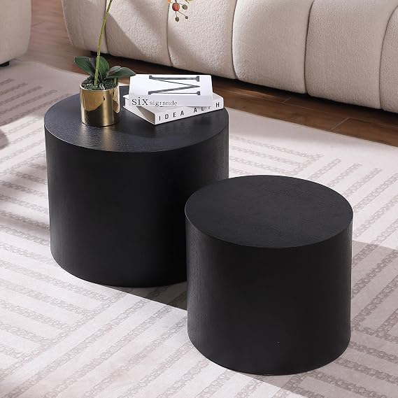 Nesting Coffee Table Set of 2,Round Wooden Coffee Tables, Modern Drum Shape Round Coffee Table Accent End Table Set Circle Coffee Table Side Table for Living Room (Matte Black, 18.9'')