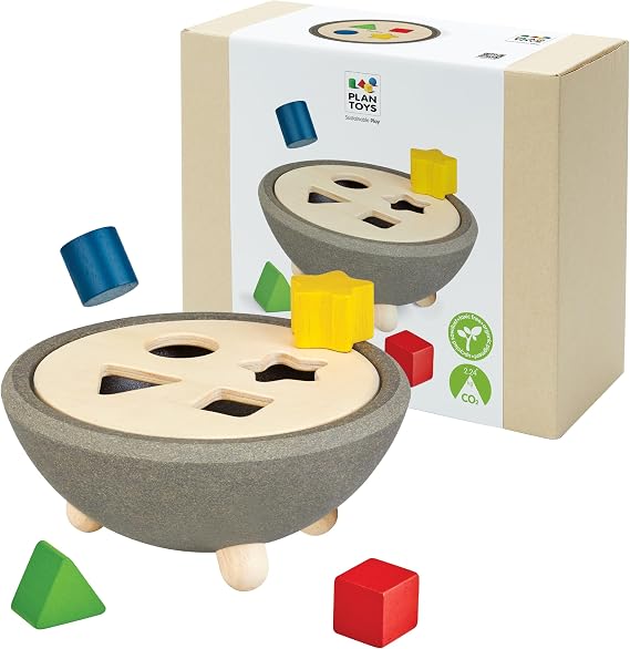 PlanToys Wooden Shape Sorting Bowl, Montessori Kids Shape Sorter Toy Set | wooden shape sorting bowl, montessori shape sorter, problem solving coordination, early geometry color matching, kids toy