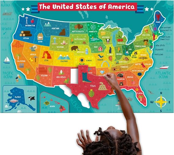 Chuckle & Roar USA Map Floor Puzzles for Kids Ages 4-6, Educational Toys | Screen-Free Educational Play, State-Shaped Pieces, Carry Box for Classrooms & Playdates, Poster Guide, Hands-On Geography