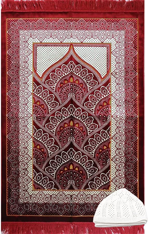 Islamic Prayer Rug Large Wide Velvet - Muslim Janamaz Sajada - Thick Turkish Prayer Mat Carpet for Men Women- with Kufi Cap - Plush Paisley (Red)