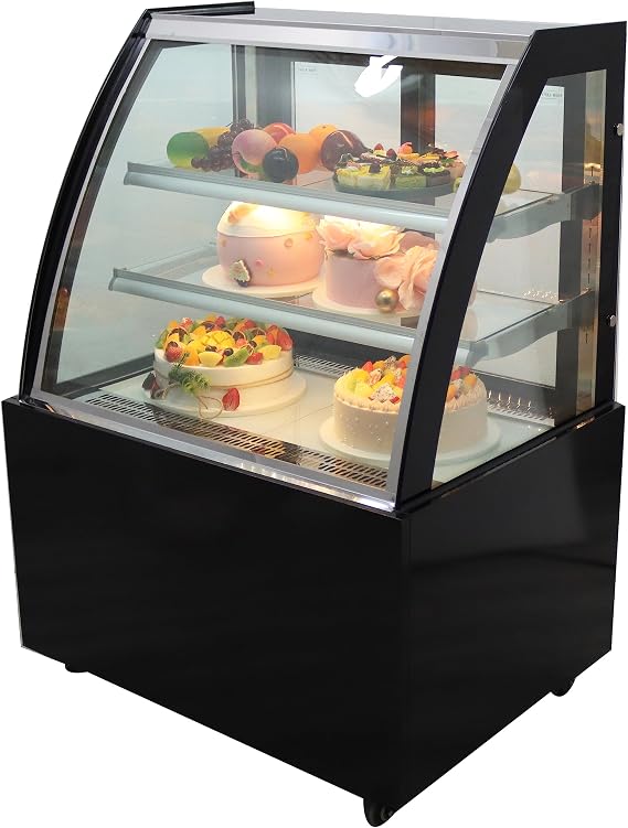 Display Refrigerators Cake Showcase Curved Cooling Display Case Commercial Bakery Cabinet with White LED Light Floor Standing 220V Rear Door Black