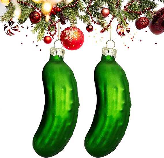 2Pcs Glass Christmas Pickle Ornament, Funny Lucky Green Pickle Decor for Christmas Tree Holiday Party