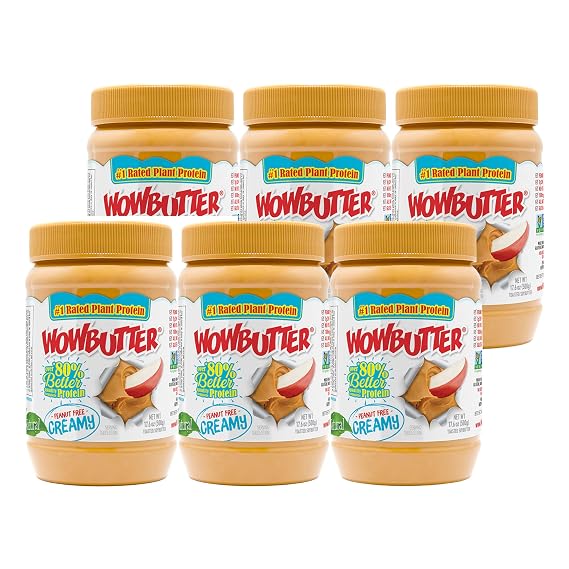 Peanut Free Tree Nut Free Natural No Stir Spread WOWBUTTER Award Winning Vegan Plant Protein Food made with Non-GMO verified Whole Soy Creamy, 17.6 oz (Pack of 6)