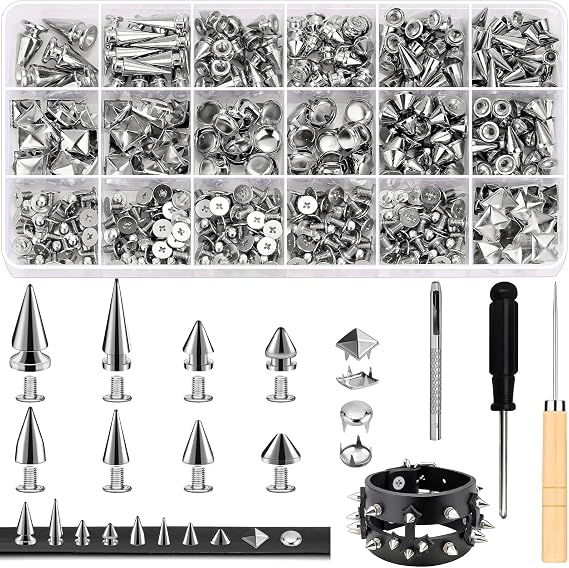 Jollidecor 455 PCS Punk Studs for Clothing, 10 Size Metal Spikes and Studs Leather Rivets for Craft, Square Pyramid Studs Round Dome Rivets DIY Punk Style Decoration for Clothes Shoes Belts Dog Collar