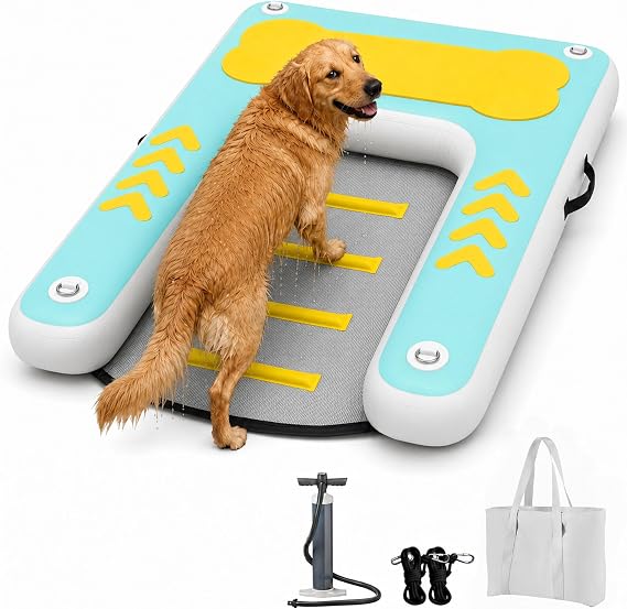 Lesotc Inflatable Dog Pool Ramp, 60"x 40" Extra Large Dog Dock Platform for Lake, Pool, Boat, Non-Slip EVA Surface Easy Water Exit for Large & Senior Dogs, Support up to 240 lbs(Blue and White