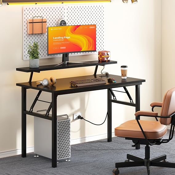 DlandHome 39" Computer Desk with Power Outlets & LED Lights, Black, Bedroom