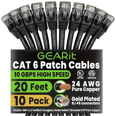 GEARit Cat6 Patch Cables Cat 6 Ethernet Cable 20 ft 10-Pack Black
