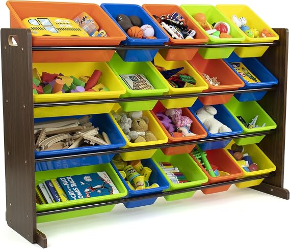 Humble Crew Extra-Large Toy Organizer with 20 Plastic Bins Dark Walnut/Neon Storage Rack with 4-Tier Shelves, Anti-Tip Safety, for Kids Rooms, Playrooms, Nurseries & Classrooms