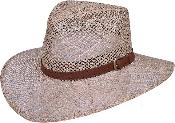 Bigalli Australian Seagrass Hat Sun Hats for Women Men Beach Hat Tear Drop with Recycled Leather Details - Outback Hat