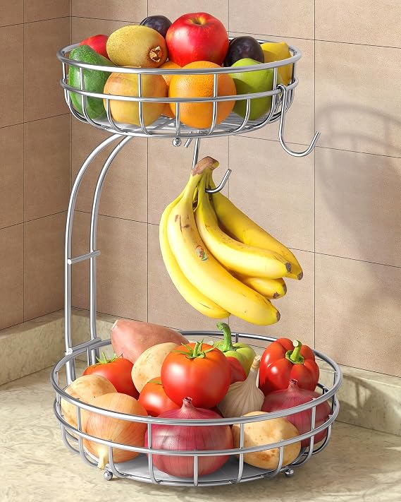 Sevenblue 2 Tier Modern Fruit Basket for Kitchen, Silvery, Extra Large