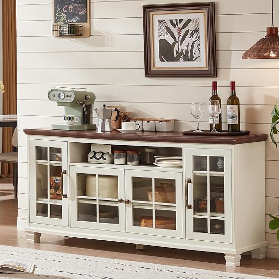 SAVOR LIFE 60-Inch Sideboard Buffet Cabinet with Glass Doors,White